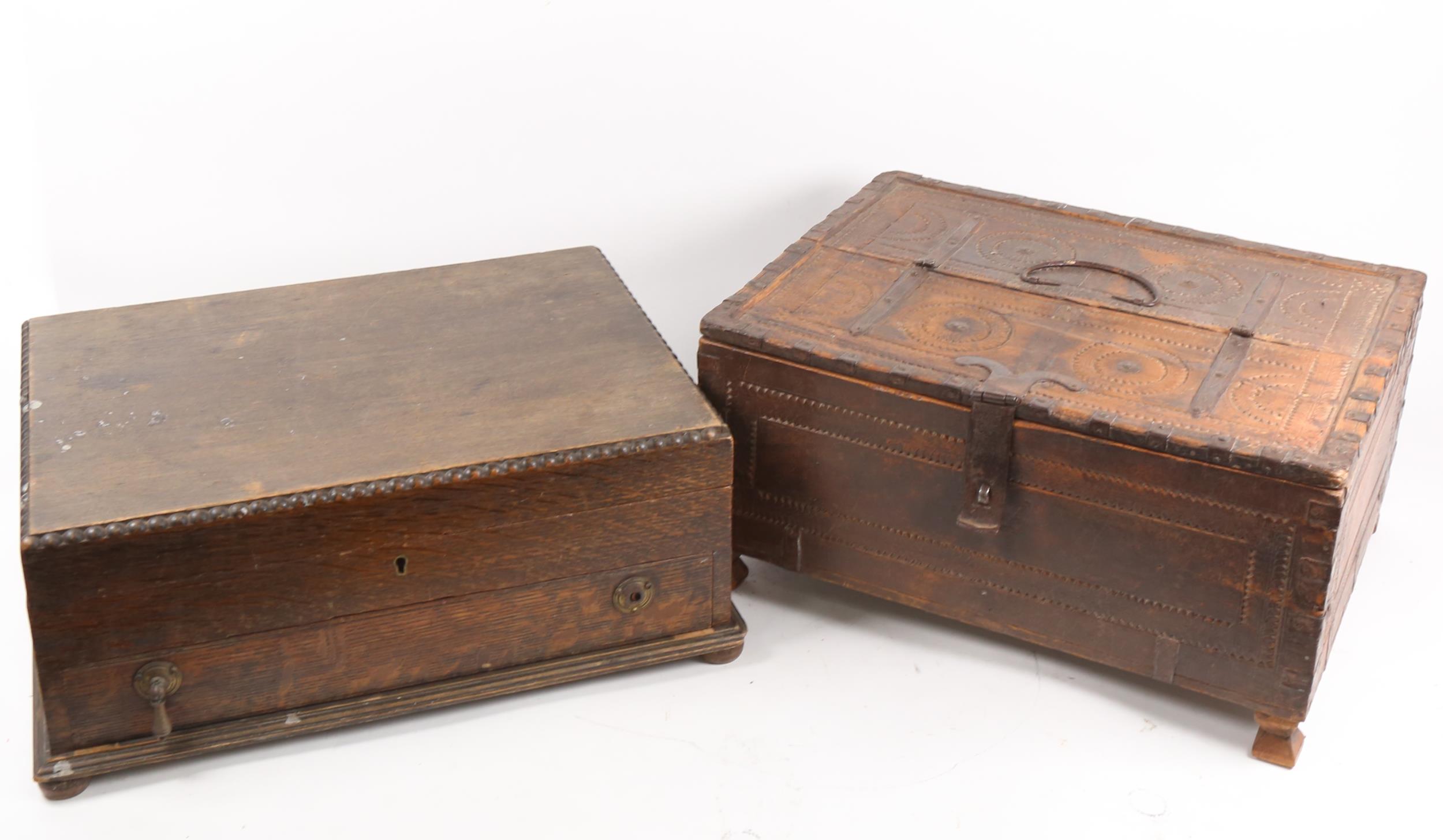 An Indian wrought-metal bound hardwood trunk box, and a Vintage oak cutlery box (2)