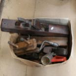 Various Antique woodworking tools, including smoothing planes, moulding planes, brace drill etc (