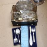 2 cased serving sets, a pair of silver plated and gilded berry spoons, bottle stands etc (boxful)