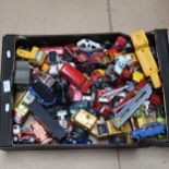 A box of various diecast cars and lorries, including Maisto, Corgi and Dinky