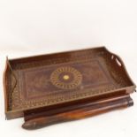 An Indian brass inlaid hardwood tea tray, a lignum vitae tipstaff etc (3)