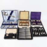 A cased set of 6 silver-handled cake forks, and 10 other cased sets of plated cutlery and servers