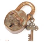 An Antique brass and steel lock, with horse decoration and 2 keys, overall length 11cm