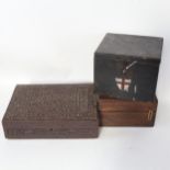 An Eastern carved wood box, with allover floral decoration, width 31cm, an empty First Aid box,