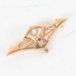 An Art Nouveau 14ct gold opal ruby and baroque pearl brooch, width 40.3mm