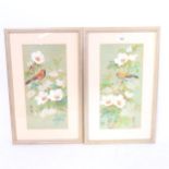 A pair of Japanese watercolours on cork paper, bird studies, signed, framed, overall 40cm x 25cm