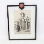 A signed etching surmounted by an enamelled badge, height 42cm