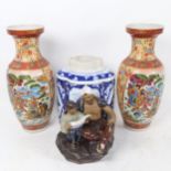 Chinese Studio pottery seated figures, a pair of Japanese Satsuma baluster vases etc (4)