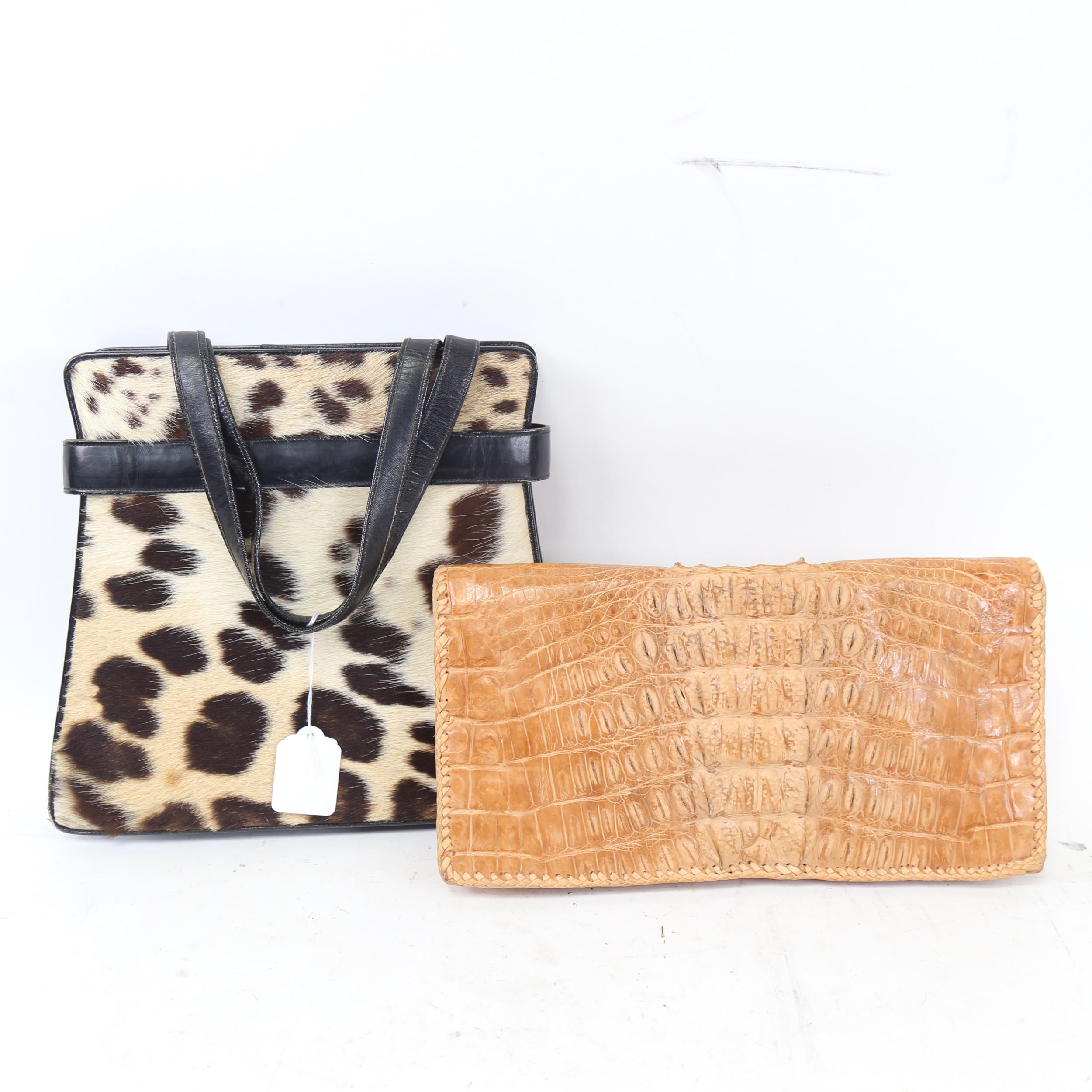 A Vintage crocodile skin clutch bag, width 30cm, and a leopard fur-covered leather handbag and purse - Image 2 of 2