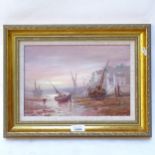 Raymond Campbell, oil on board, beached fishing boats, signed, framed, overall 31cm x 40cm
