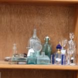 3 decorative glass scent bottles and stoppers, tallest 15cm, aqua bottles, and paperweights