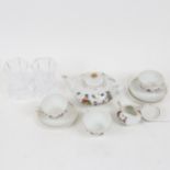 A Vintage porcelain child's tea set, and 2 moulded glass thistle-shaped vases