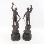 2 French patinated spelter sculptures, Le Forgeron and Le Mineur, on ebonised bases, largest