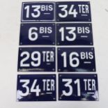 8 Continental blue ground enamel signs, 10cm x 15cm