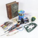 Various fishing items, including reels, flies, leather-bound book (boxful)