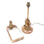 A Vintage matching unicorn desk lamp and notepad holder, painted spelter unicorn heads mounted on
