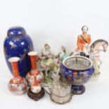 Various ceramics, including Chelsea porcelain group with gold anchor, Staffordshire flatback,