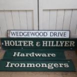 Vintage hand painted hardware ironmonger's sign, and a Wedgewood Drive street sign