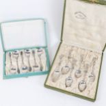 A cased set of 6 Continental silver coffee spoons, with abalone shell ends, and a cased set of 6
