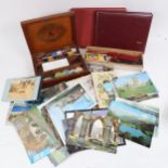 A mahogany-cased Reeves & Sons paint box, sealing wax, postcards, albums etc