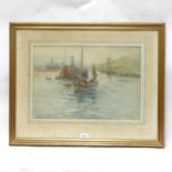 H Dixon, watercolour, fishing boats in harbour, signed, framed, overall 60cm x 76cm