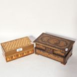 Antique Sorento Ware jewel casket, with fitted interior, length 24.5cm, and a box with cube