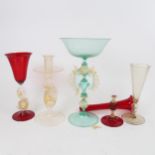 5 Venetian handblown glass decorative drinking glasses, and a candlestick, including figural swan