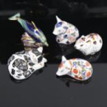 5 Royal Crown Derby porcelain animal figures, including Bottle Nose dolphin with gold button, and