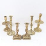 2 pairs of Georgian brass candlesticks, and 2 early candlesticks with brass drip pans (6)