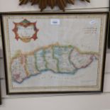 A hand coloured map of Sussex, by Robert Morden, framed, height 38cm, and a smaller Sussex map