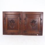 2 carved and stained mahogany panels, griffin monopodia and fruit with urn decoration, 49.5cm x 42cm