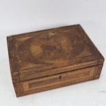 An early 19th century straw-work box, with coat of arms design to the lid, the interior having