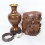 Various Oriental collectables, including carved bamboo brush pot, cloisonne enamel baluster vase,