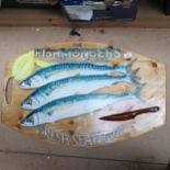 A handmade and painted Fishmonger's Chopping Board advertising sign, by Clive Fredriksson, width