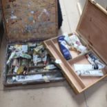 2 wooden artist's boxes, and various tubes of oil paint etc