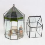 2 glass terrariums, including mirror-back green stained glass example, height 31cm (2)