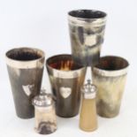 A graduated set of 4 19th century horn beakers, a horn mustard pot and pepperette, all with silver