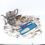 2 boxed silver-handled bread knife and serving slice, plated teaware, cutlery etc (boxful)