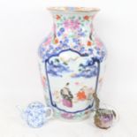 A large Japanese ceramic baluster vase, a small Oriental blue and white teapot etc (3)