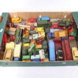 A box of diecast toy cars and lorries, including Corgi and Dinky