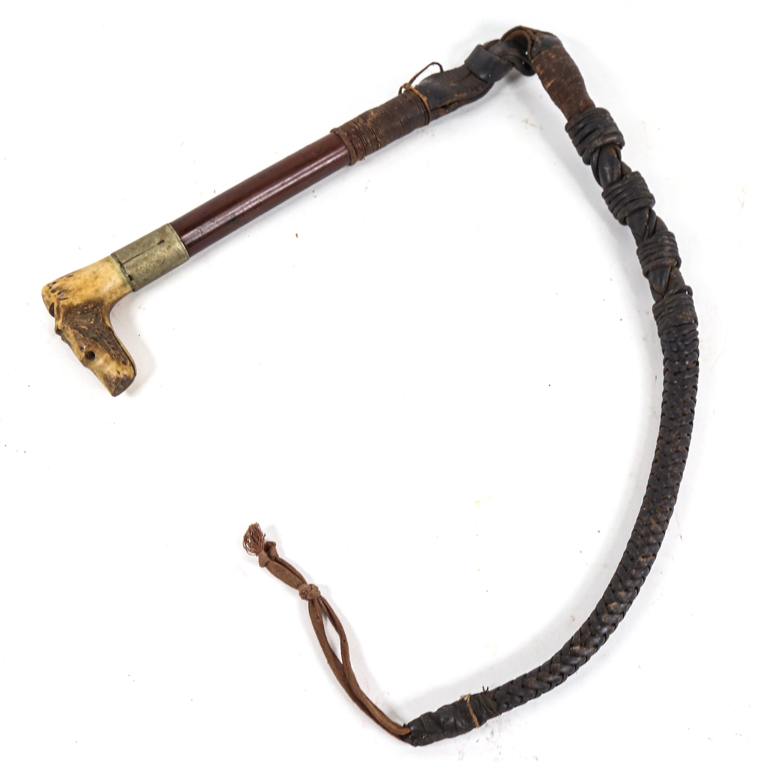 A 19th century novelty figural dog's head whistle riding crop, carved staghorn handle with - Image 2 of 2