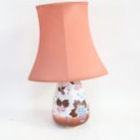 A Vintage Japanese painted porcelain lamp and shade, base height 32cm