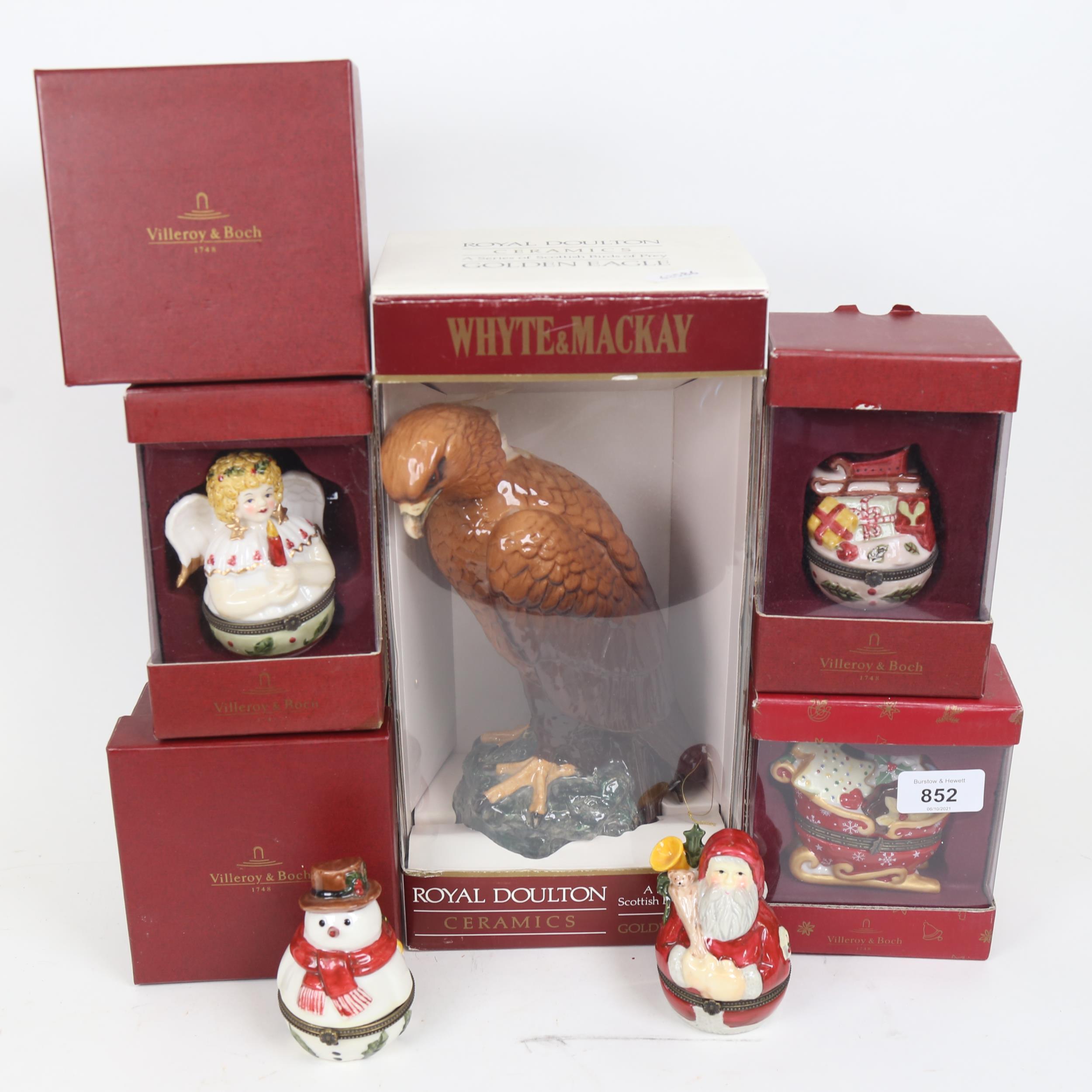 5 Villeroy & Boch boxed Winter porcelain trinket boxes, and a Royal Doulton Golden Eagle decanter