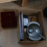 Norwegian pewter bowl and ladle, a foot warmer, puzzle box etc