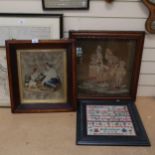 A framed alphabet sampler, height 42cm overall, a framed sampler depicting a Victorian school