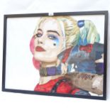 Modern oil on board, Harley Quinn, indistinctly signed, framed, overall 64cm x 84cm