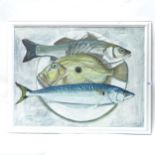 Clive Fredriksson, oil on board, a plate of fish, framed, overall 77cm x 61cm
