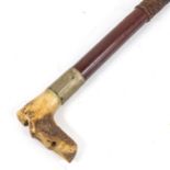 A 19th century novelty figural dog's head whistle riding crop, carved staghorn handle with