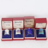 4 sterling silver and coloured enamel thimbles, in original boxes
