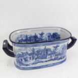 A reproduction blue and white transfer printed 2-handled footbath, length 53cm overall